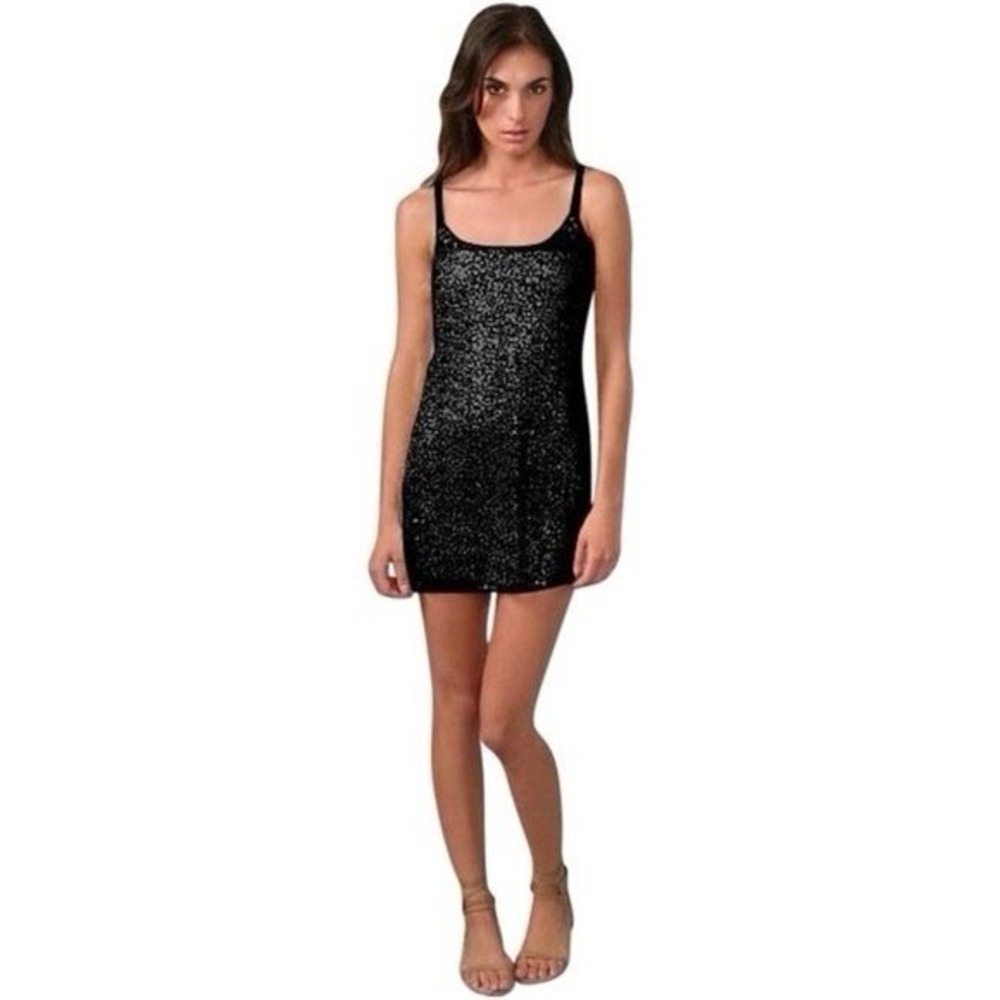 Free People Intimately Mini‎ Dress MEDIUM Black Sequin Sheer Lace Strappy SEXY
